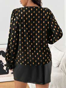 SHEIN Frenchy Plus Size Women's V-Neck Long Sleeve Blouse With Golden Dot Print, Spring/Summer