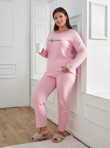 RueChic 100% Cotton 2Pcs Plus Size Injection Slogan Printed With Contrast Stitching Detail PJ Set - Pink - View 4