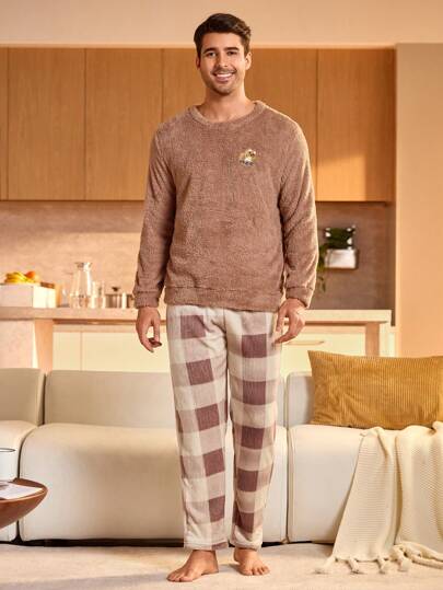 Manfinity Underwear&Sleepwear Basics 2-częściowy męski komplet piżamowy z okrągłym dekoltem i długimi rękawami, w jednolitym kolorze, z długimi spodniami i puszystym materiałem, odzież jesienno-zimowa