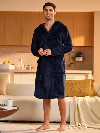 Manfinity Underwear&Sleepwear Basics Herr enfärgad dubbla fickor med huva, långärmad, lös avslappnad morgonrock med bälte, för hösten/vintern, fluffig, mysig