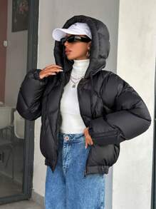 EURMUSE 女士时尚连帽独特设计绗缝拉链细节羽绒大衣，冬季服装