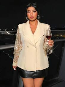 Allurite Elegant Plus Size Women's Shiny Sequin Patchwork Double-Breasted Long Sleeve Blazer Jacket, Suitable For Prom