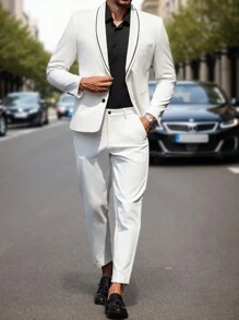 Manfinity Mode Men's Contrast Color Shawl Collar Jacket & Slim Fit Pants Suit Set,White Suit Set - White - View 6