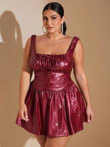 SHEIN BAE Plus Size Burgundy Autumn Girlism Night Out Club Elegant Red PU Leather Square Collar Bow Low Waist Mini Ballet Dress, Halloween Party Costume - Burgundy - View 6