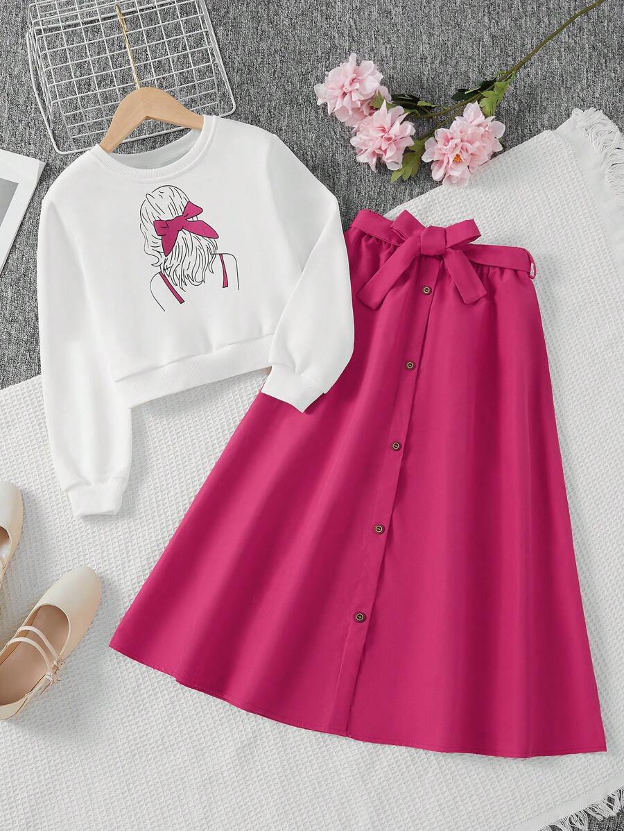 SHEIN Tween Girl 2 件套:长袖卡通印花运动衫和单排扣长裙,春秋 - 玫紅色 - 查看 1