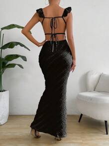 Chiquease Women's Vacation Solid Color Patchwork Ruffle Hem Maxi Bodycon Dress - Black - View 2