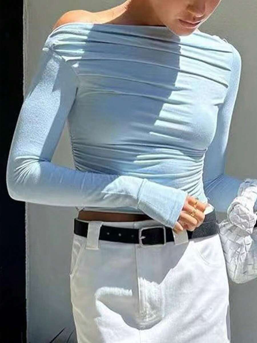 INAWLY Femmes Tee-shirt ajusté à manches longues plissé, col asymétrique, couleur unie, printemps/été - Bleu azur - Voir 1