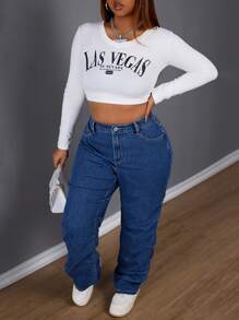 SHEIN SXY Plus Size Pleated Decorative Straight-Leg Jeans - Dark Wash - View 5