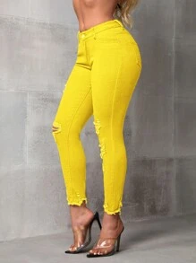 SHEIN SXY 女式口袋细节做旧下摆修身休闲牛仔裤 - 黃色 - 查看 4