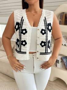 SHEIN Essnce Plus Size Women's Front Button Sleeveless Floral Pattern Casual Knit Top - White - View 5