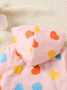 Girls Heart Pattern Hooded Lined Mid-Length Jacket, Fall/Winter Outerwear - Pink - View 5