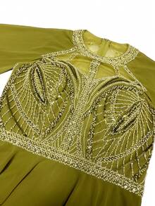 YISIKADO 奢华亮片串珠雪纺夸张袖子骨干正式晚礼服婚礼宾客晚宴宴会女士连衣裙 - 橄欖綠 - 查看 7