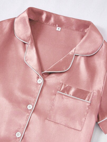 LuxeNights Women Contrast Faux Zijden Collar Pyjama Set view 3