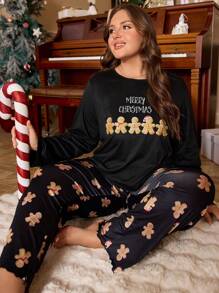 Plus Size Christmas Pattern Crew Neck Long Sleeve Top And Pants Pajama Set Gingerbread Pajamas - Black - View 5