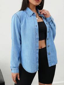 SHEIN Tall Women's Denim Shirts  Casual Loose Long Sleeve Shirt Back To School Going Out Tops Women Shirts Women Tops Women Tops  Long Sleeve Fall Blouse - Light Wash - View 4