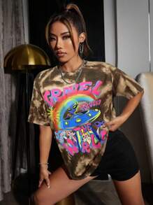 SHEIN Unity 夏季时尚扎染外星人印花 T 恤 - 彩色 - 查看 6