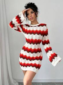 Chiquease Women's Wavy Stripe Backless Tie-Up Long Sleeve Crop Knitted Sweater Dress, Fall/Winter