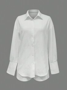 INAWLY 2pcs Women's Casual Solid Color Long Sleeve Shirt And Shorts Set, Spring Summer - White - View 3