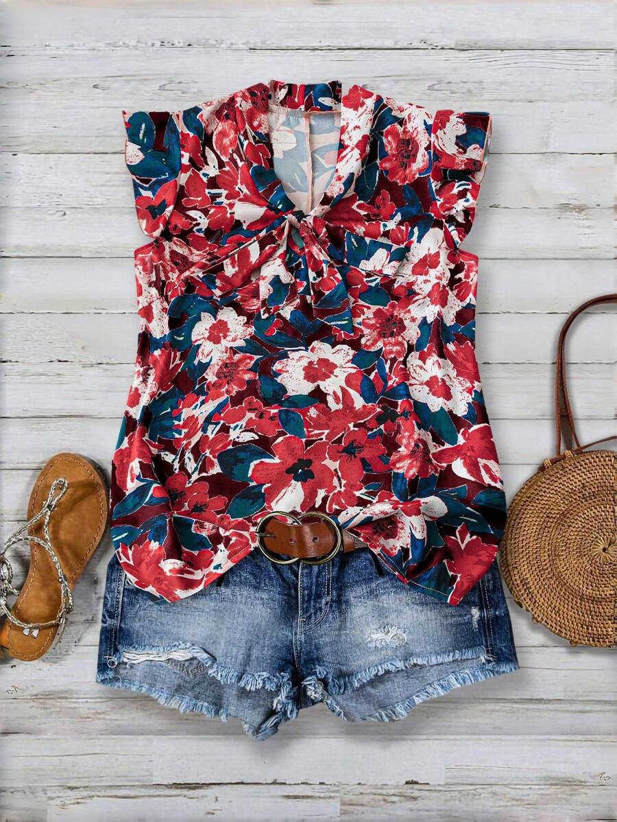 SHEIN Clasi Plus Size Front Tie Floral Allover Print Casual Blouse - Burgundy - View 1