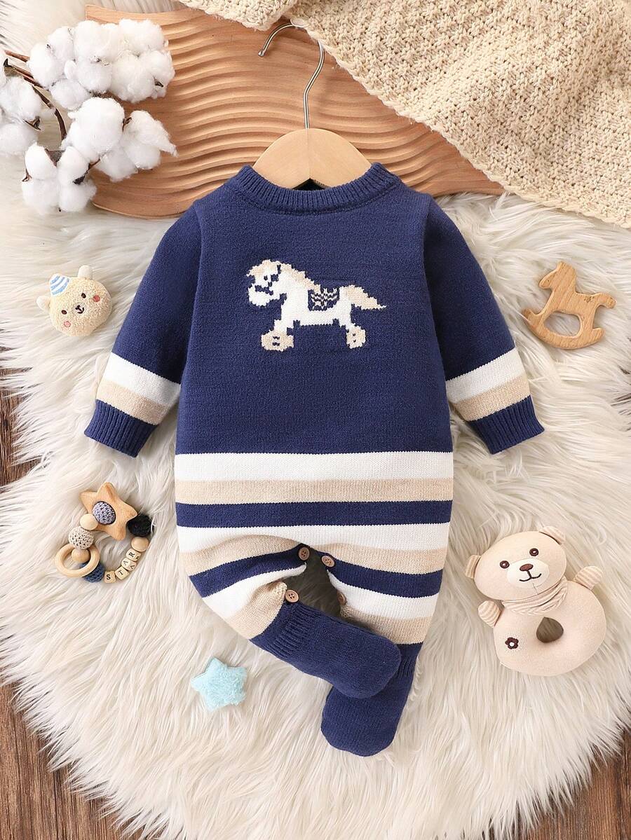 SHEIN 男婴时尚简约蓝白条纹连体裤，春秋冬保暖可爱必备服装，适合日常、户外、旅行、居家、幼儿园和学校场合 - 藍色 - 查看 1