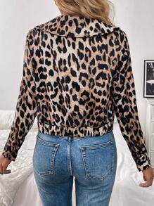 Chiquease 女士豹纹长袖拉链领夹克 - 卡其色 - 查看 2