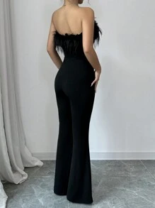 Chiquease Mono negro elegante sin tirantes con pelaje para mujer, para fiesta - Negro - Ver 2