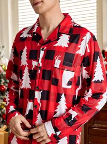 2 件男士前扣长袖全印花衬衫和裤子家居服套装 - 紅色 - 查看 8