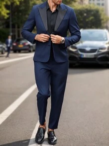 Manfinity Mode 2pcs Men's Contrast Color Lapel Collar Long Sleeve Jacket And Pants, Daily Business Suit Set, Spring Autumn