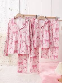 SHEIN Set de pijama casual y cómodo de 2 piezas con top de manga larga y pantalones con estampado digital a prueba de llamas para niña preadolescente - Rosa - Ver 1