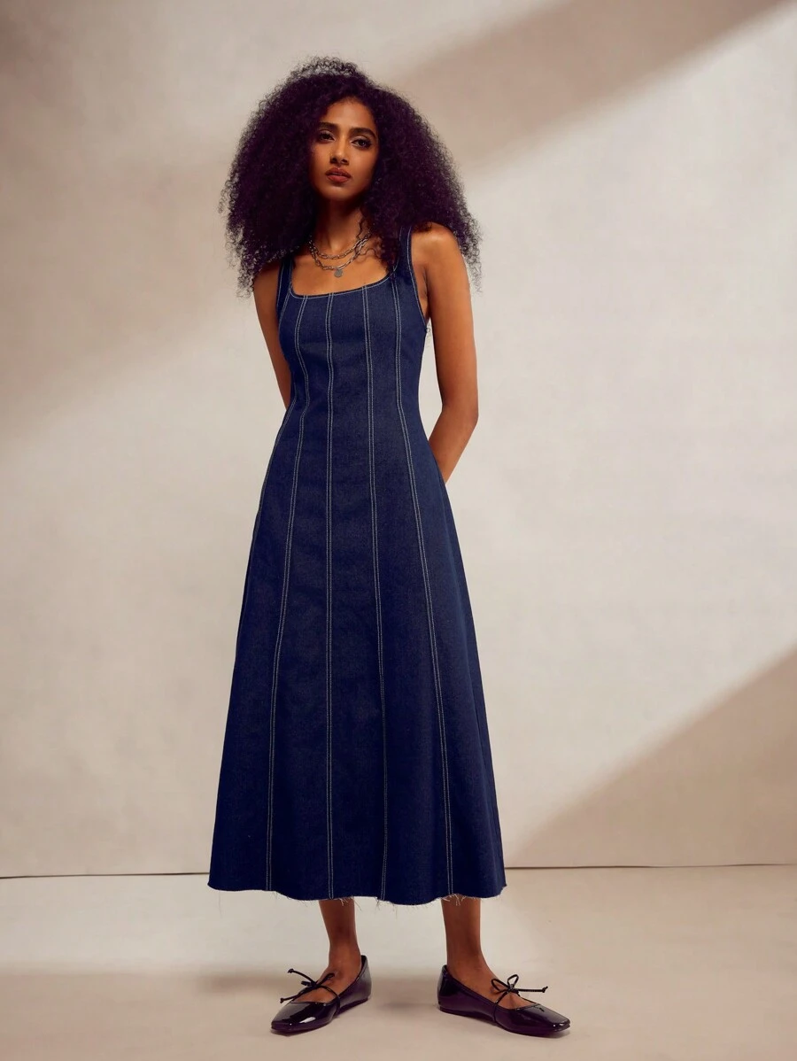 Forever 21 Vestido de línea A con cuello cuadrado de mezclilla - Azul - Ver 1