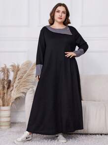 Al Najma Plus Size Textured Fabric Waffle Patchwork Long Sleeve Maxi Dress, Fall/Winter, Casual Modest Tee Dresses, For Casual Daily/At Home