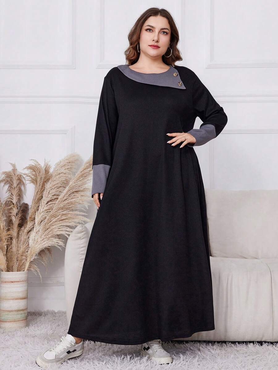 Al Najma Plus Size Textured Fabric Waffle Patchwork Long Sleeve Maxi Dress, Fall/Winter, Casual Modest Tee Dresses, For Casual Daily/At Home