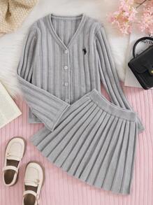 2pcs Tween Girl Fashion V-Neck Knitted Cardigan And Pleated Skirt Suit