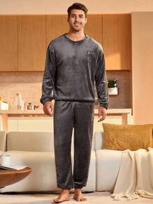 2pcs Men's Embroidery Letter Pattern Crew Neck Long Sleeve Top And Pants Casual Loungewear Set, Fall Winter Clothes, Fluffy Cozy - Dark Grey - View 3