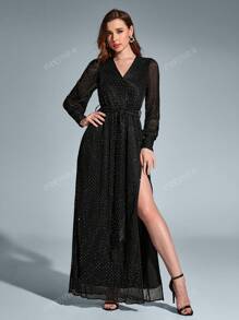 PARTHEA V-Neck Side Split Tie Ruched Round Dot Long Dress