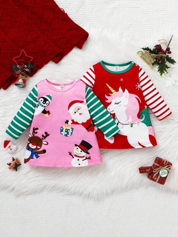 2 件套新生女婴圣诞长袖彩色条纹拼布连衣裙可爱图案印花节日派对服装