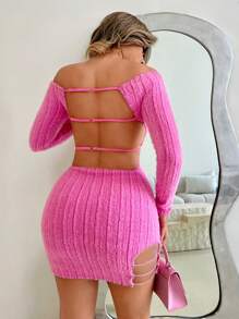 VaVaBold 女士纯色露肩镂空迷你连衣裙 - 玫紅色 - 查看 2