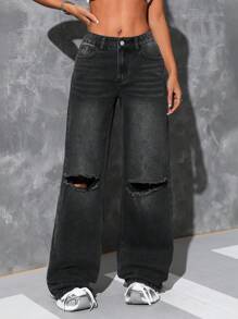 SHEIN ICON 女式口袋破洞阔腿宽松休闲百搭牛仔裤