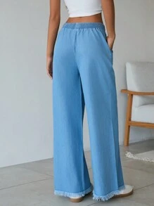 SHEIN Cottnline Pantalones sueltos de cintura alta con bolsillos, de algodón 100%, para primavera y verano, para mujer - Azul lavado medio - Ver 2