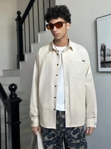 Manfinity VCAY Camisa con botones de manga larga, de corte holgado y estampada, informal para hombres - Blanco - Ver 1