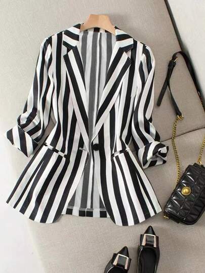 Franclia Randig Print Roll Tab Sleeve Blazer För Dailywear