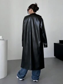 Muchica 女士秋冬落肩长袖休闲宽松黑色 PU 皮革风衣 - 黑色 - 查看 2