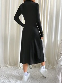 SHEIN EZwear Damen Polokragen Farbkontrast Patchwork Knopfleiste Langarm Buchstaben Muster Kleid - Verschiedenfarbig - Übersicht 2