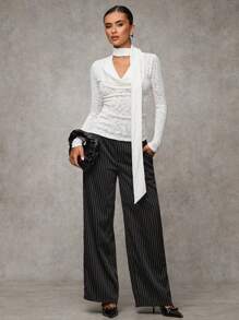 SHEIN BAE 女士白色摆丝带装饰领长袖 T 恤，秋季有袖上衣 - 白色 - 查看 6