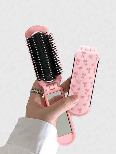 Kawaii مشط قابل للطي بفيشة وصفحة مرآة، فرشاة شعر قطعة واحدة  زهري للعودة إلى المدرسة