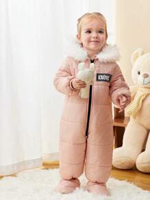 SHEIN Bộ đồ liền thân có mũ trùm đầu cho bé gái, bộ đồ liền thân dài tay màu hồng lót giữ nhiệt in chữ, thích hợp cho hoạt động ngoài trời, trượt tuyết và các dịp khác - Hồng - Xem 6