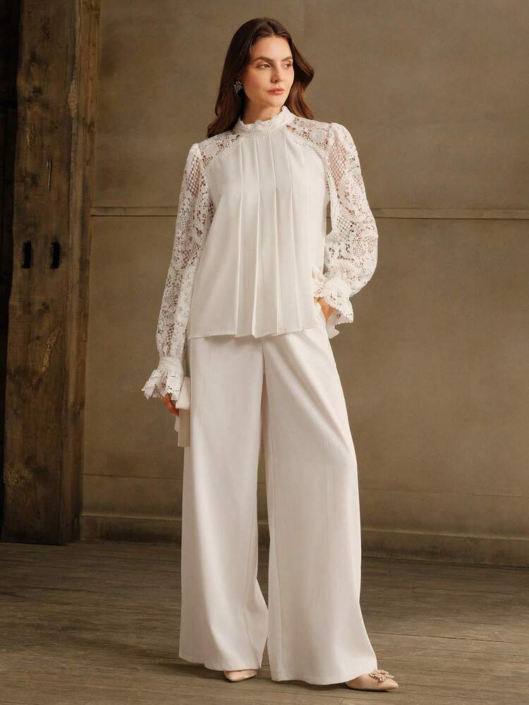 Women Elegant White Lace Long Sleeve Ruched Stand Collar Tie Cuff Blouse