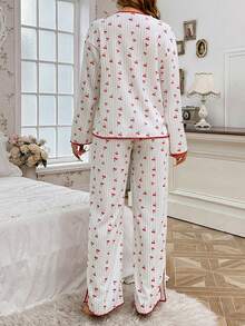 2 件套樱花印花撞色饰边领长袖睡衣 - 白色 - 查看 2
