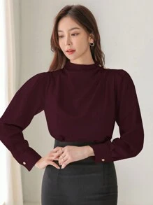 DAZY 女士纯色褶皱长袖衬衫、长袖上衣、秋装 - 酒紅色 - 查看 3