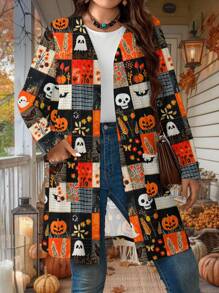 SHEIN LUNE Áo khoác dài tay hở phía trước họa tiết đầu lâu ma bí ngô Halloween cỡ lớn cho nữ có túi - Nhiều màu - Xem 2